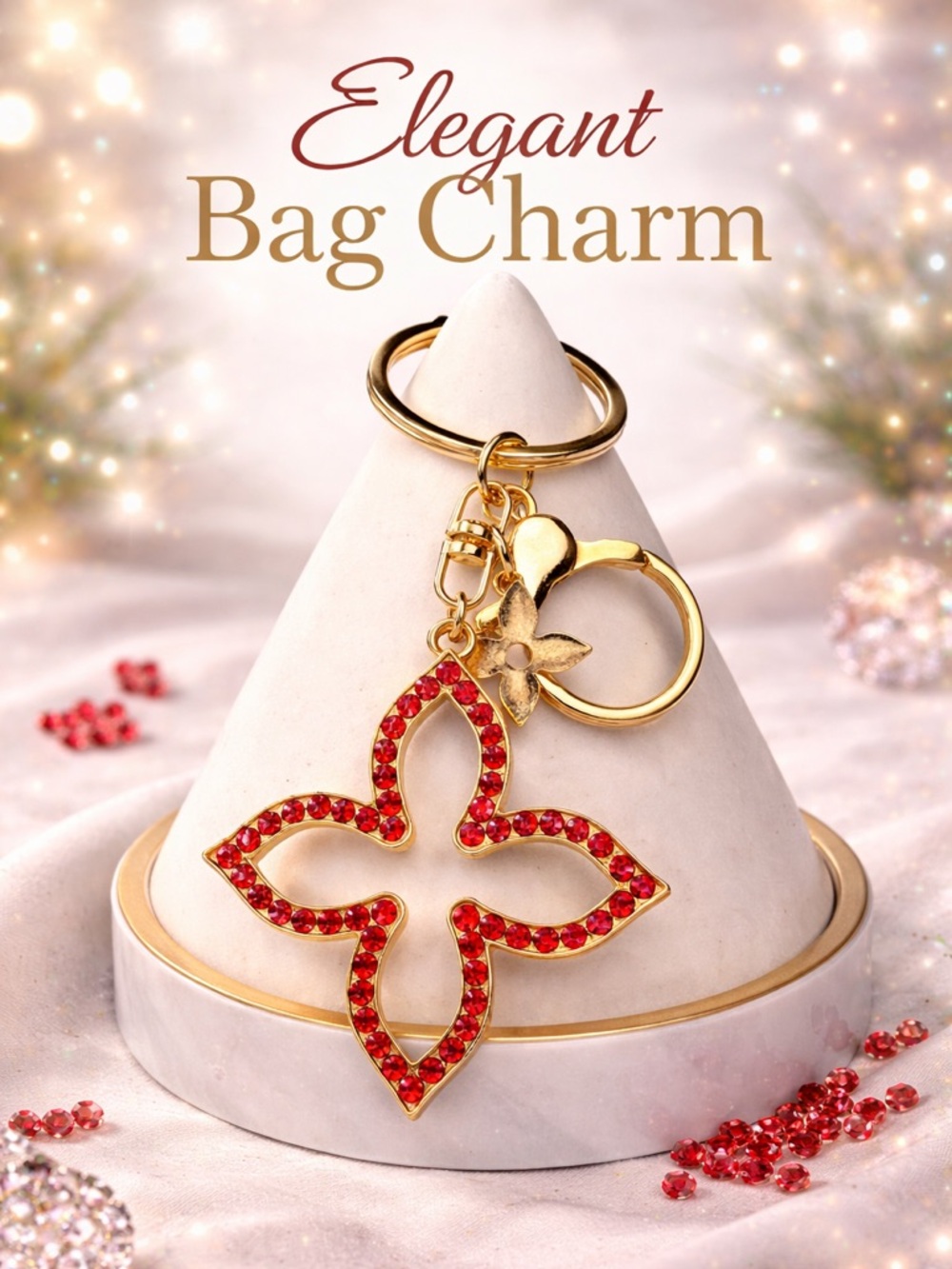 Gold-Tone Red Crystal Floral Keychain & Card Holder Bag Charm